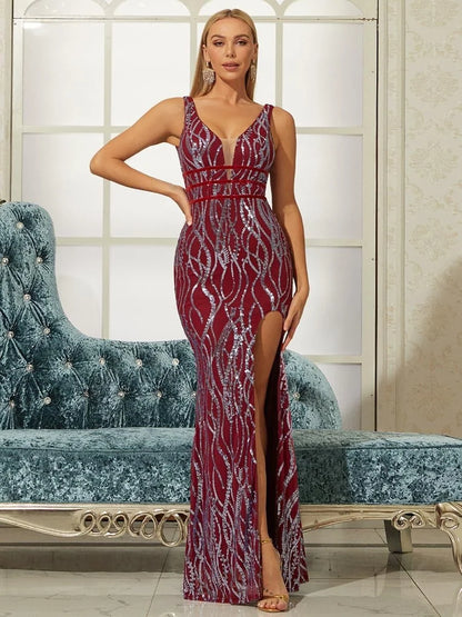 Timeless Special Occasion Elegant Red Sequin Sheath V-Neck Sleeveless Floor-Length Prom Dress