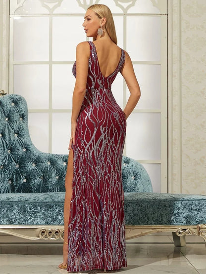 Timeless Special Occasion Elegant Red Sequin Sheath V-Neck Sleeveless Floor-Length Prom Dress