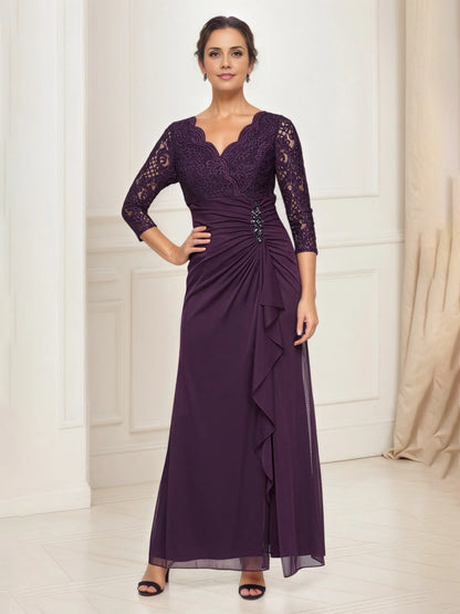 Elegant Purple Lace Sheath Long Sleeve Floor-Length Mother of the Bride Dress