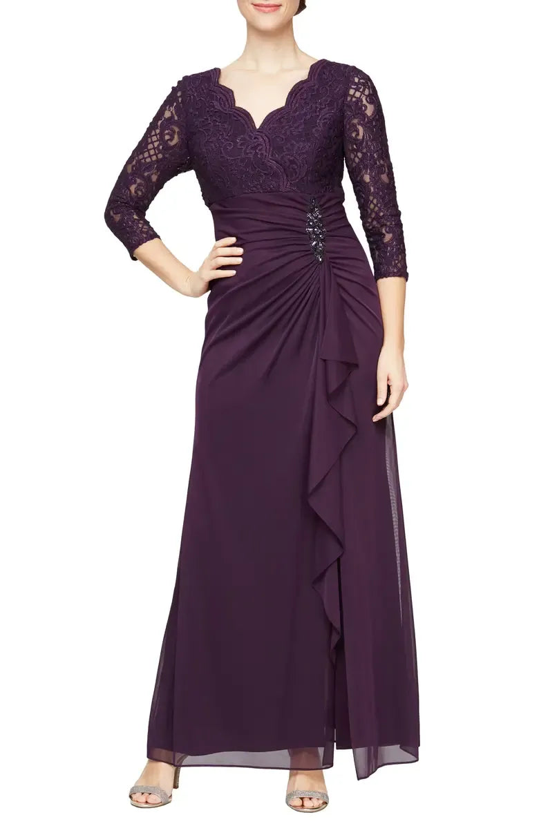 Elegant Purple Lace Sheath Long Sleeve Floor-Length Mother of the Bride Dress