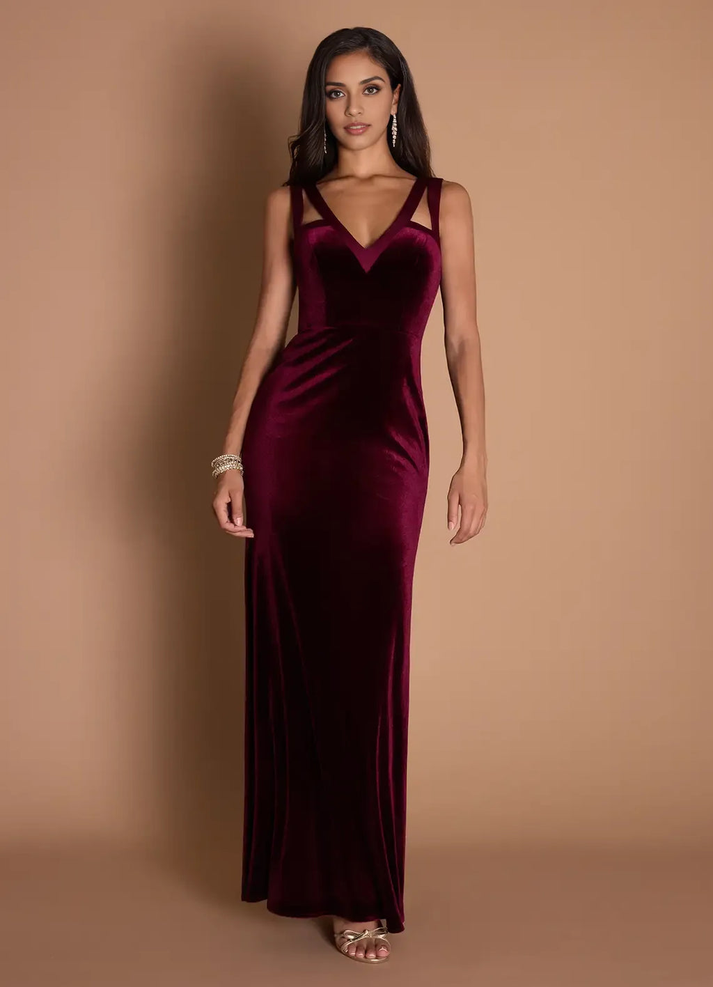 Stylish Refined Beautiful Timeless Elegant Burgundy Velvet Sheath Sleeveless Floor-Length Evening Dress