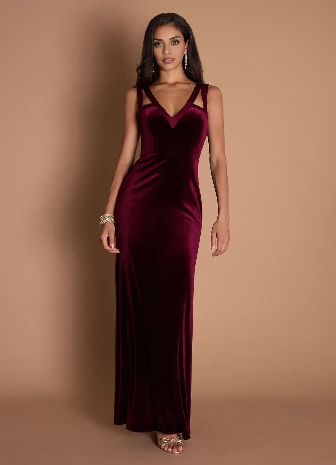Stylish Refined Beautiful Timeless Elegant Burgundy Velvet Sheath Sleeveless Floor-Length Evening Dress