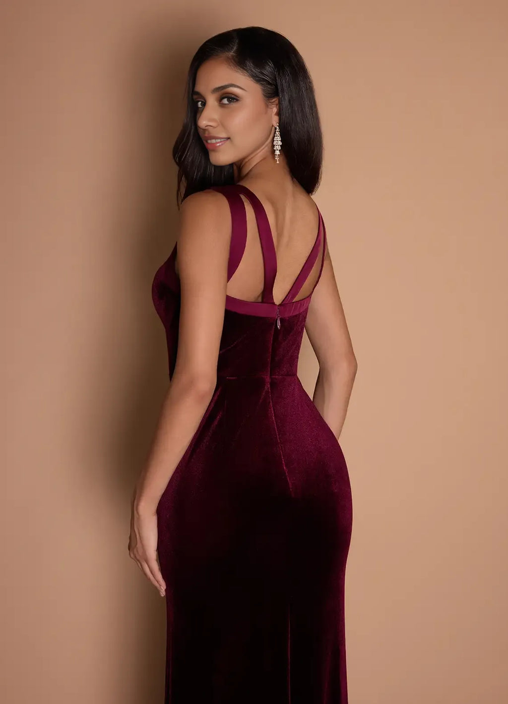 Stylish Refined Beautiful Timeless Elegant Burgundy Velvet Sheath Sleeveless Floor-Length Evening Dress