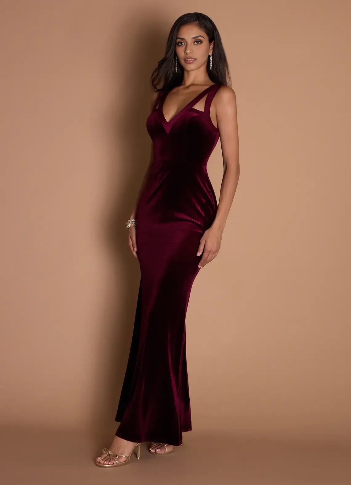 Stylish Refined Beautiful Timeless Elegant Burgundy Velvet Sheath Sleeveless Floor-Length Evening Dress