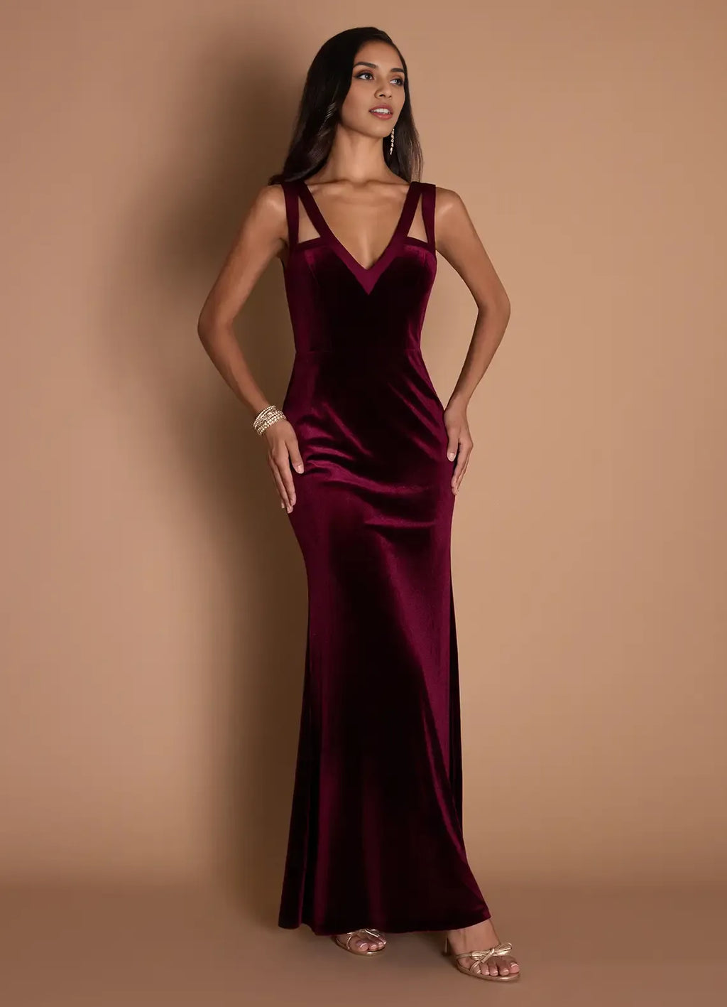 Stylish Refined Beautiful Timeless Elegant Burgundy Velvet Sheath Sleeveless Floor-Length Evening Dress