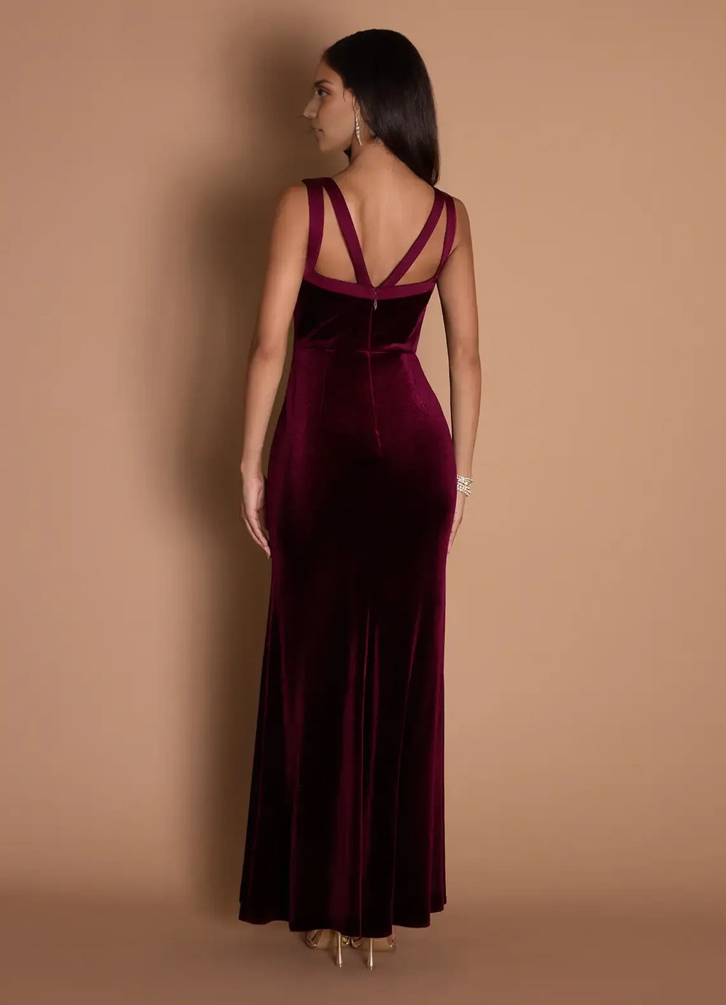 Stylish Refined Beautiful Timeless Elegant Burgundy Velvet Sheath Sleeveless Floor-Length Evening Dress
