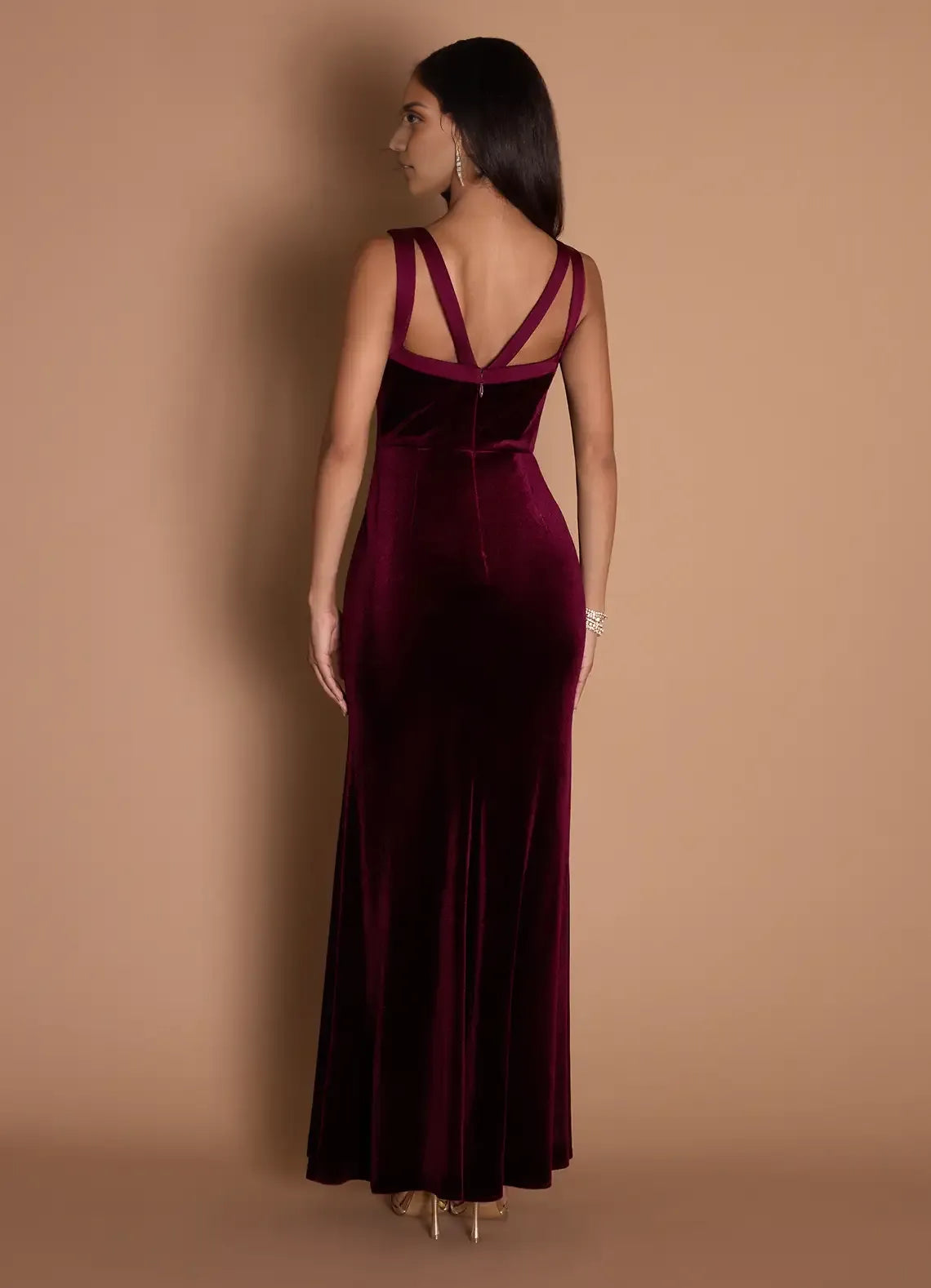 Stylish Refined Beautiful Timeless Elegant Burgundy Velvet Sheath Sleeveless Floor-Length Evening Dress