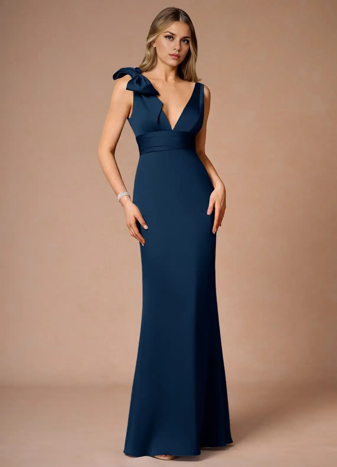 Graceful Stylish Refined Elegant Navy Blue Satin Sheath Sleeveless Floor-Length Evening Dress