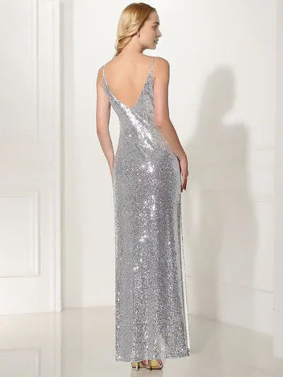 Silver Evening Dress Mother Dress Sheath Split V Neck Flower Ankle Length Party Dress
