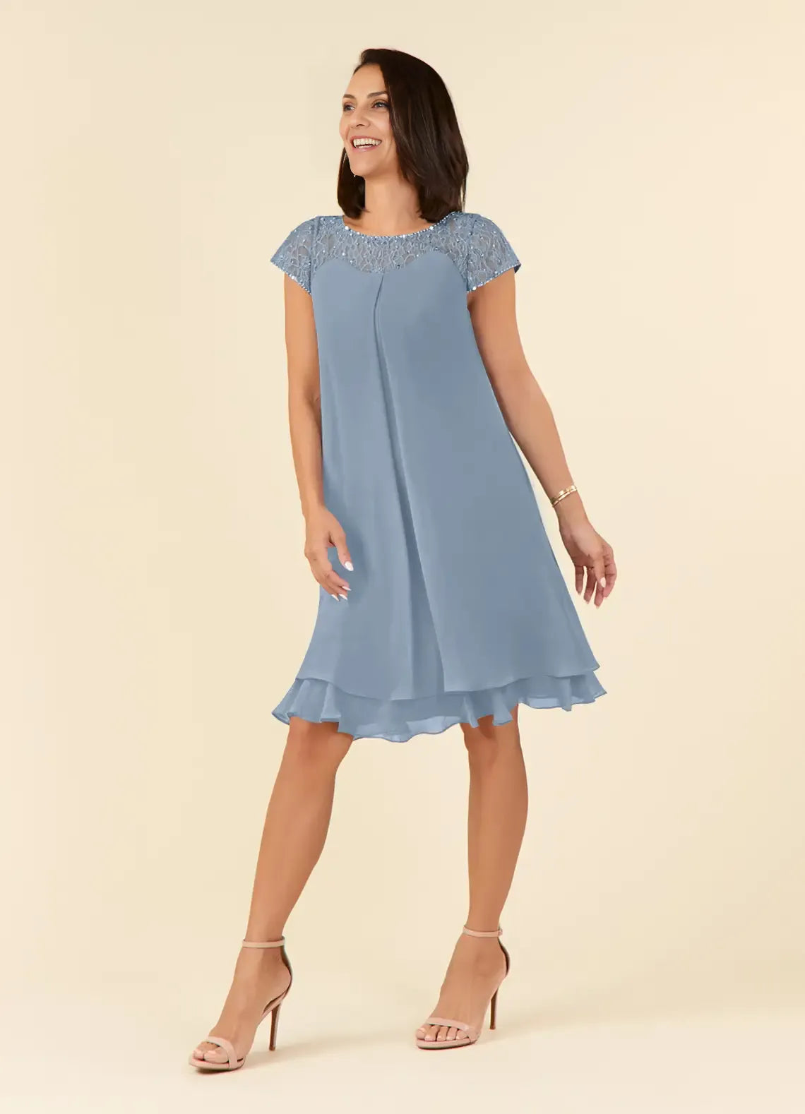 Special Occasion Sophisticated Elegant Dusty Blue Chiffon Knee-Length Mother of the Bride Dress