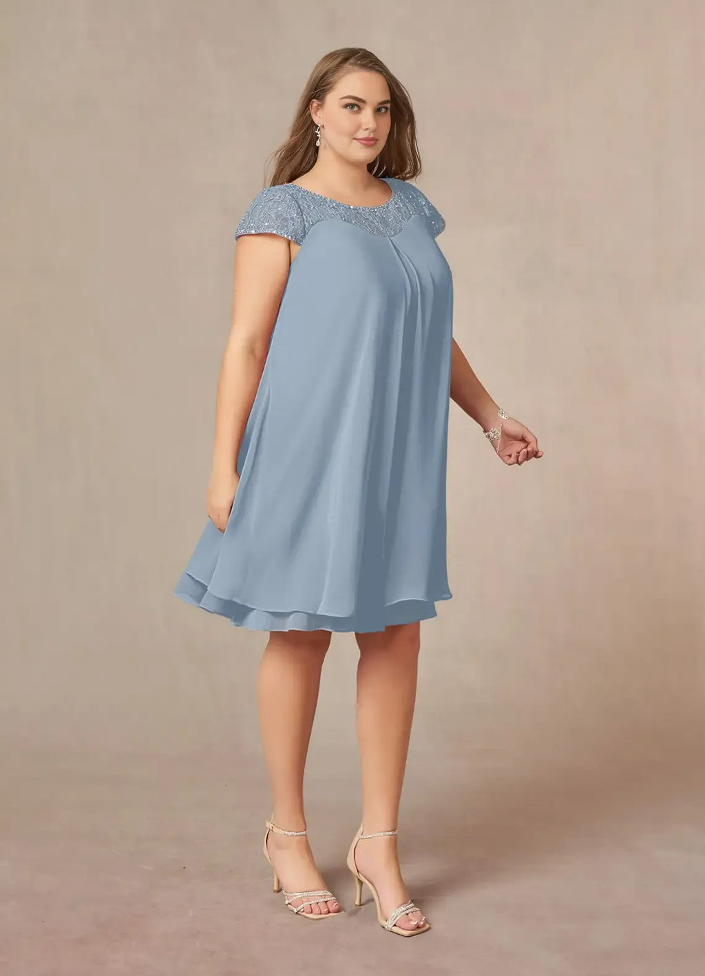 Timeless Chic Elegant Dusty Blue Chiffon Knee-Length Mother of the Bride Dress