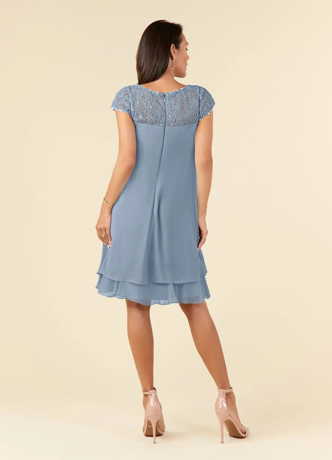 Special Occasion Sophisticated Elegant Dusty Blue Chiffon Knee-Length Mother of the Bride Dress