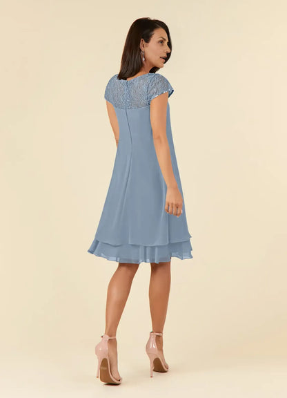 Special Occasion Sophisticated Elegant Dusty Blue Chiffon Knee-Length Mother of the Bride Dress