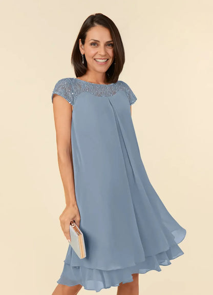Special Occasion Sophisticated Elegant Dusty Blue Chiffon Knee-Length Mother of the Bride Dress