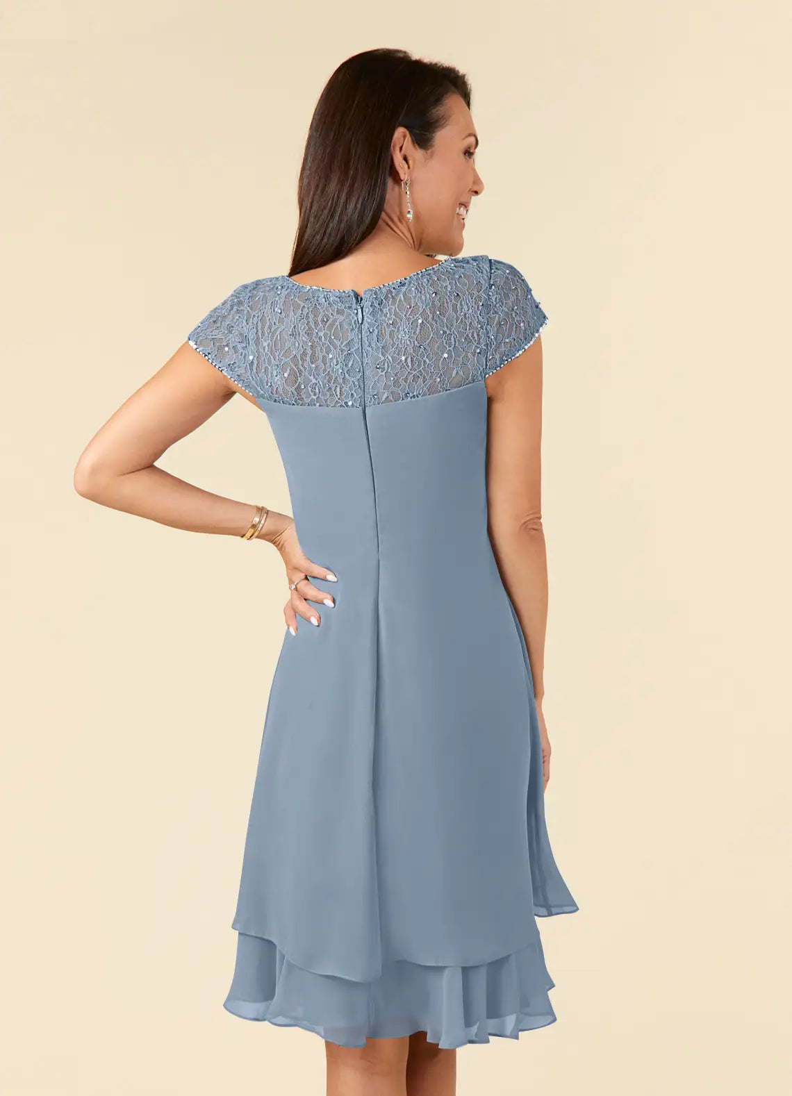Special Occasion Sophisticated Elegant Dusty Blue Chiffon Knee-Length Mother of the Bride Dress