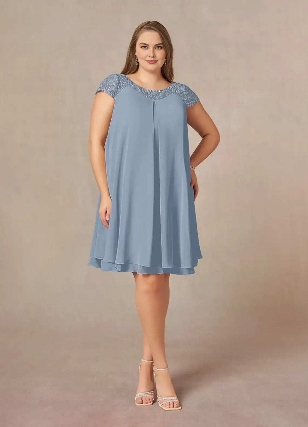 Timeless Chic Elegant Dusty Blue Chiffon Knee-Length Mother of the Bride Dress