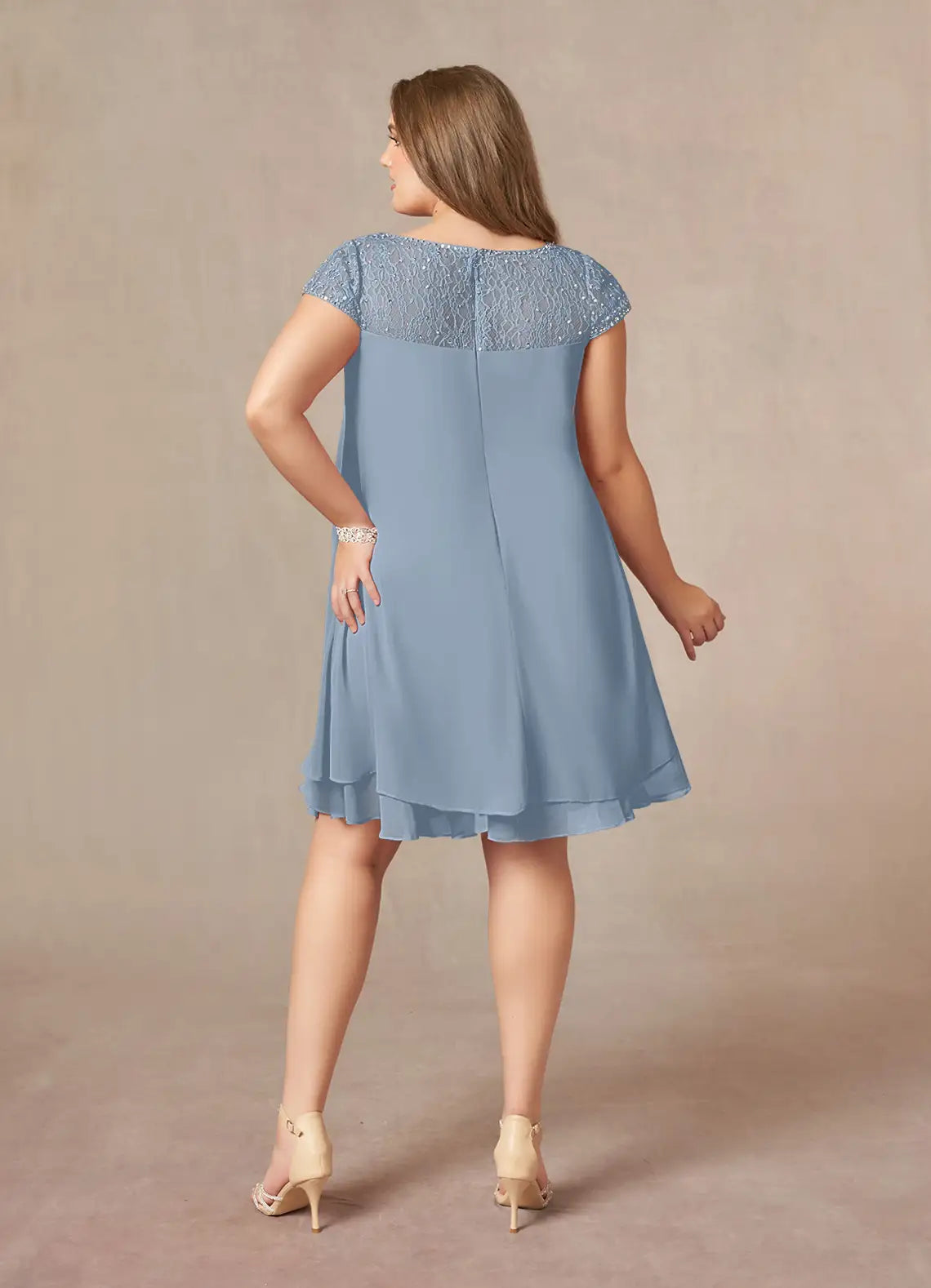 Timeless Chic Elegant Dusty Blue Chiffon Knee-Length Mother of the Bride Dress