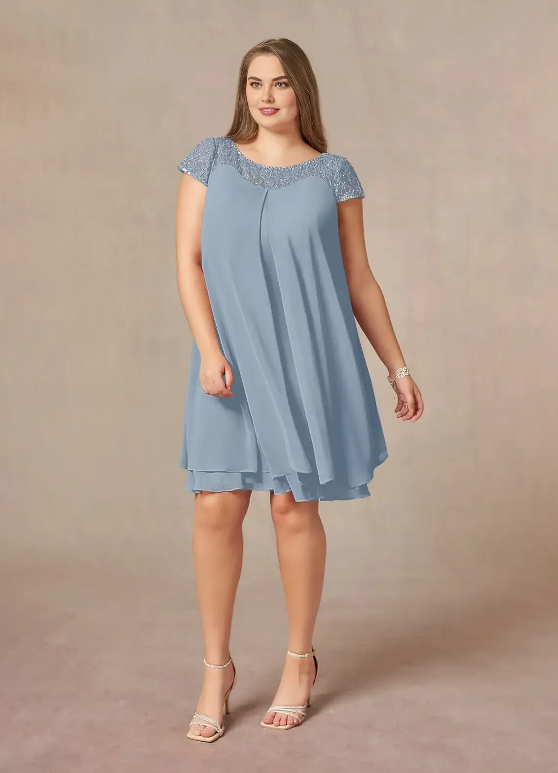 Timeless Chic Elegant Dusty Blue Chiffon Knee-Length Mother of the Bride Dress