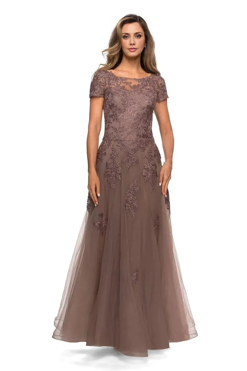 Elegant Red Tulle A-Line Scoop Neck Short Sleeve Floor-Length Mother of the Bride Dress