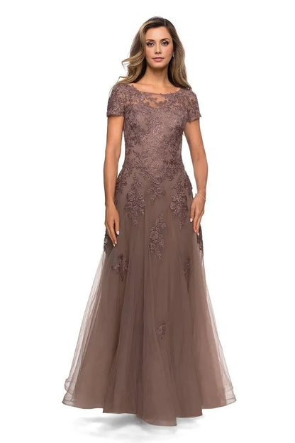 Elegant Red Tulle A-Line Scoop Neck Short Sleeve Floor-Length Mother of the Bride Dress