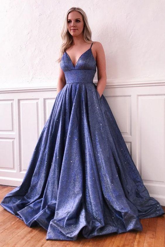 Blue Modest Spaghetti Straps V-neck Long Prom Dresses With Pockets