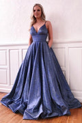 Blue Modest Spaghetti Straps V-neck Long Prom Dresses With Pockets