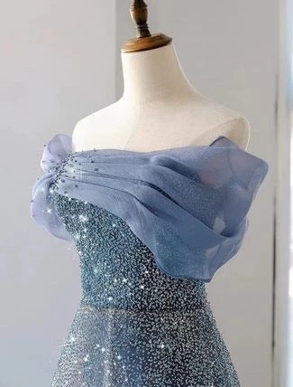 Gray Modest Ball Gown Off The Shoulder Long Party Dress Prom Dress