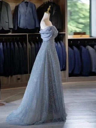 Gray Modest Ball Gown Off The Shoulder Long Party Dress Prom Dress