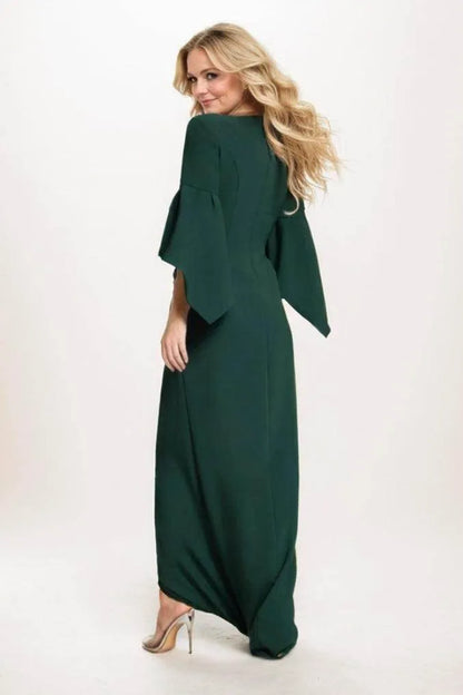 Stylish Green Slit A-Line Classic-Neck Classic-Sleeve Classic-Back Floor-Length Mother-of-the-Bride Dress