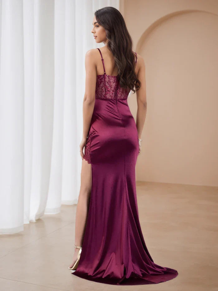 Mulberry Appliques Sweep/Brush Train Trumpet/Mermaid Prom Dresses