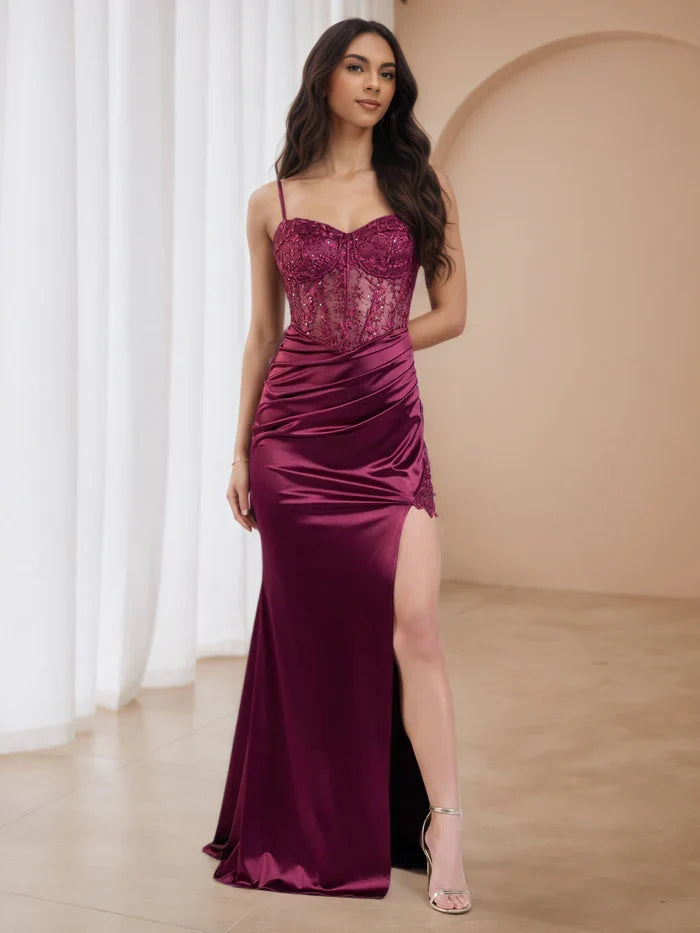 Mulberry Appliques Sweep/Brush Train Trumpet/Mermaid Prom Dresses
