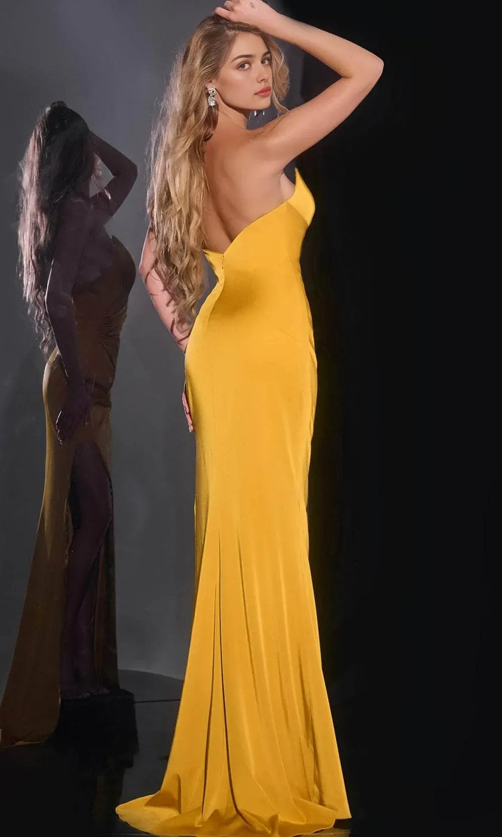 Yellow Mustard Strapless Evening Dress with Draped Bodice and High Thigh Slit for Glamorous Occasions