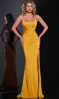 Yellow Mustard Strapless Evening Dress with Draped Bodice and High Thigh Slit for Glamorous Occasions