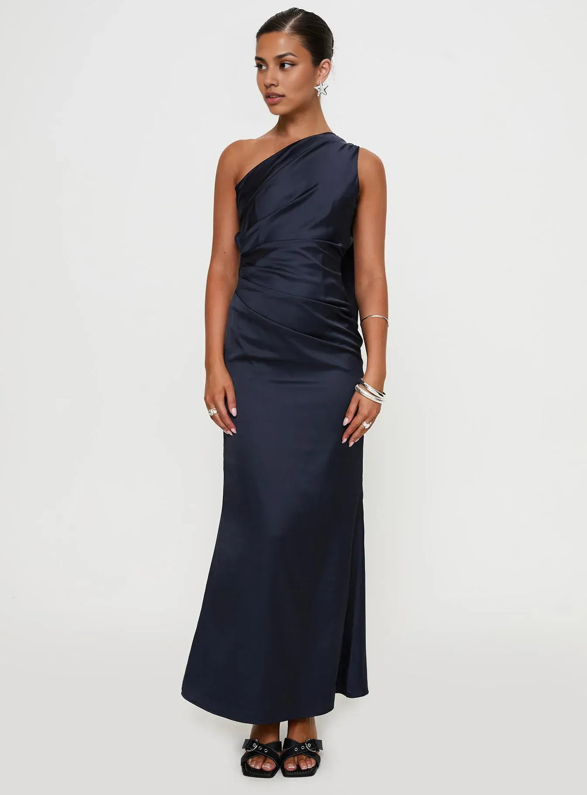 Timeless Special Occasion Sophisticated Graceful Elegant Navy Blue Satin Backless Prom Dress