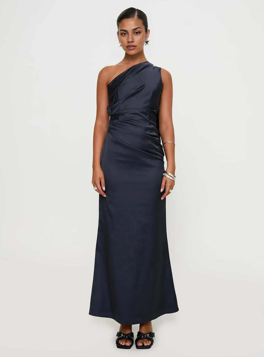 Timeless Special Occasion Sophisticated Graceful Elegant Navy Blue Satin Backless Prom Dress