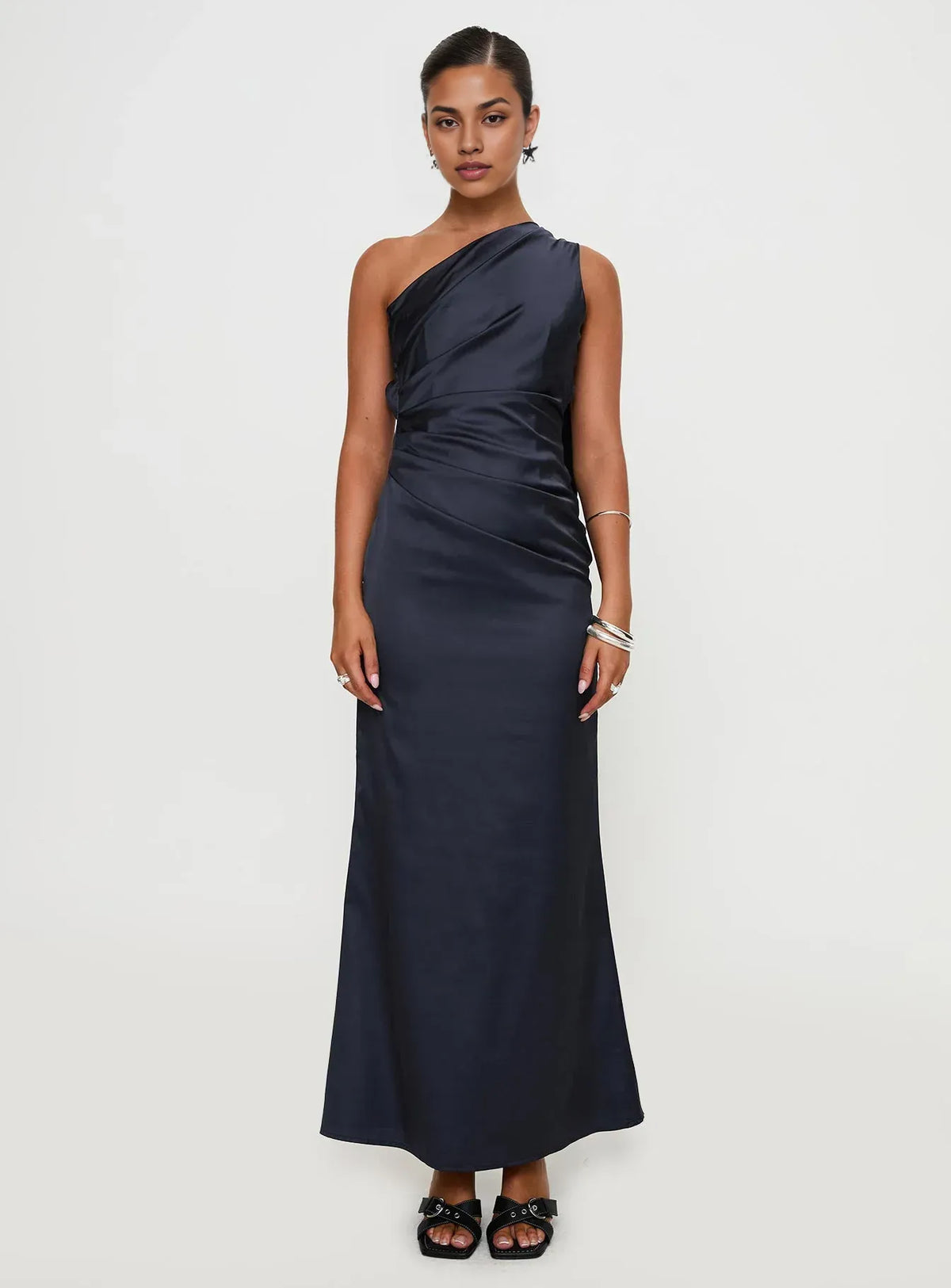 Timeless Special Occasion Sophisticated Graceful Elegant Navy Blue Satin Backless Prom Dress
