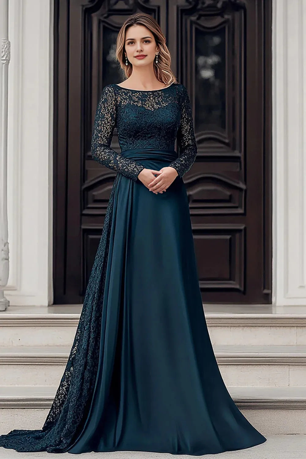 Navy A Line Floor Length Mother of the Bride Dress