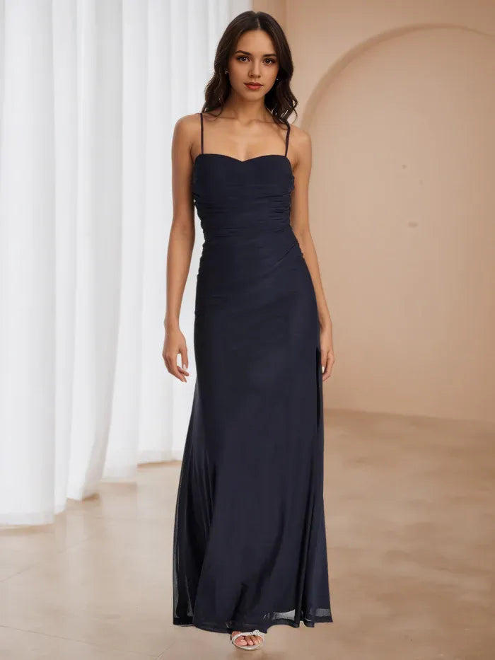 Navy Blue Prom Dress Cowl Neckline Spaghetti Straps Side Slit for Timeless Gala Elegance