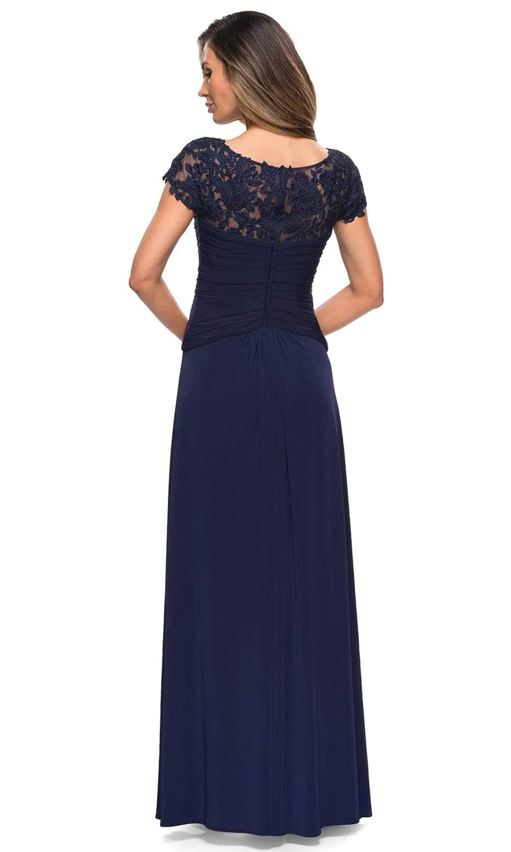 Navy Blue Evening Dress with Cap Sleeves Ruched Bodice and Flowy Maxi Skirt for Elegant Occasions