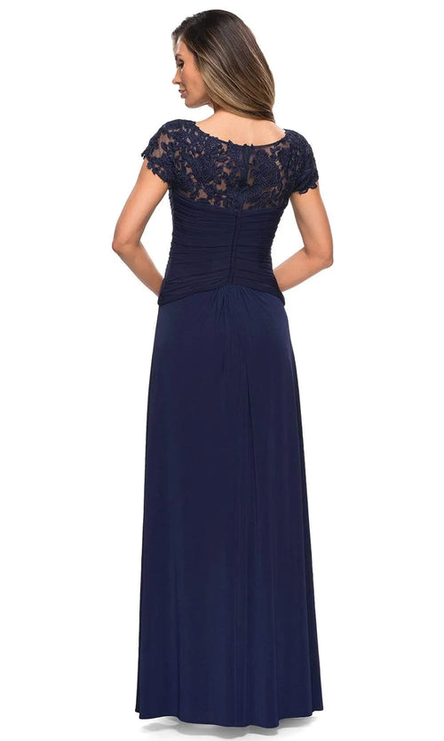 Elegant Navy-Blue Lace A-Line Classic-Neck Cap-Sleeve Classic-Back Floor-Length Evening Dress