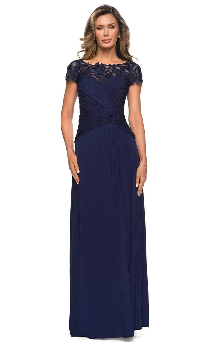 Navy Blue Evening Dress with Cap Sleeves Ruched Bodice and Flowy Maxi Skirt for Elegant Occasions