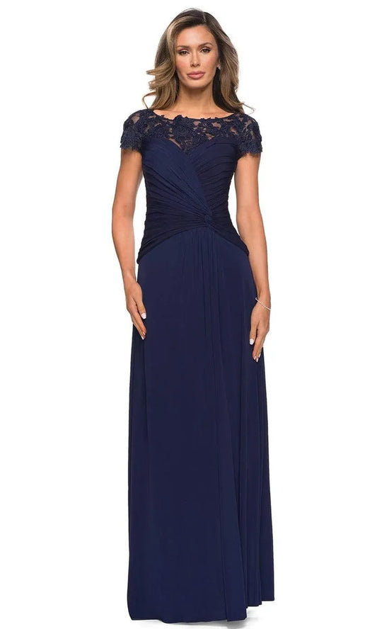 Elegant Navy-Blue Lace A-Line Classic-Neck Cap-Sleeve Classic-Back Floor-Length Evening Dress
