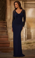 Navy Blue Evening Dress with Long Sleeves V - Neckline and Ruched Bodice for Elegant Occasions