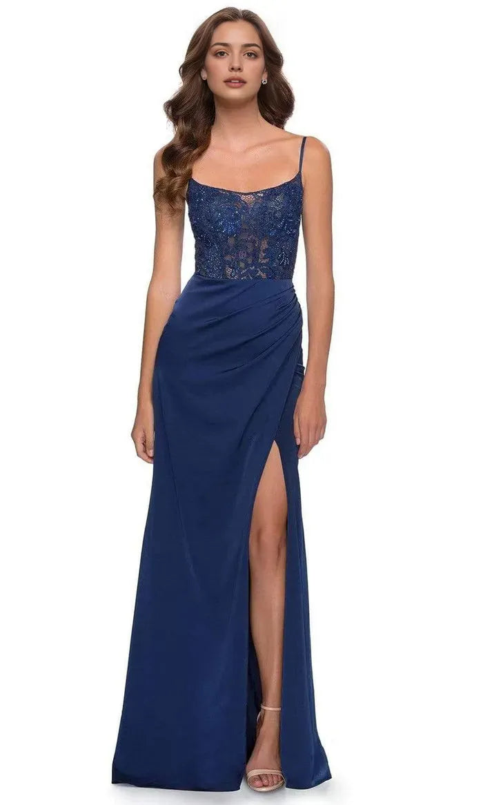 Navy Blue Evening Dress with Spaghetti Straps - Bodice and High Thigh Slit for Glamorous Occasions