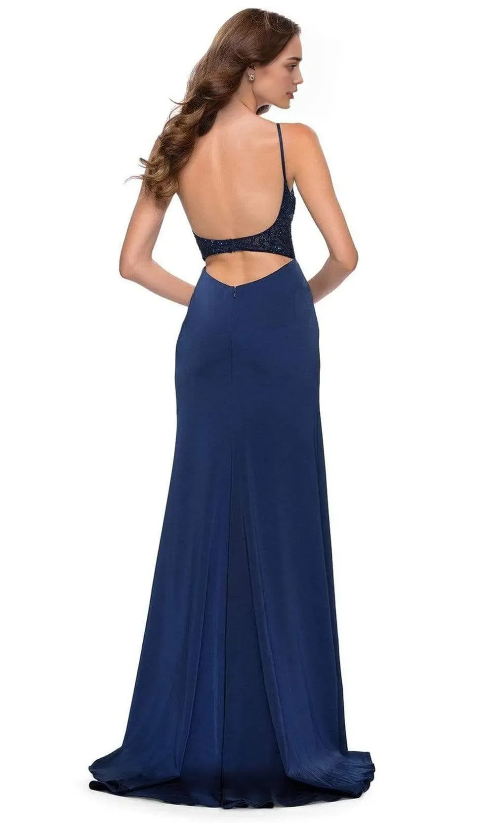 Navy Blue Evening Dress with Spaghetti Straps - Bodice and High Thigh Slit for Glamorous Occasions