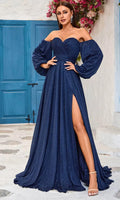 Navy Blue Glitter Evening Dresses with Off Shoulder Puff Sleeves High Side Slit