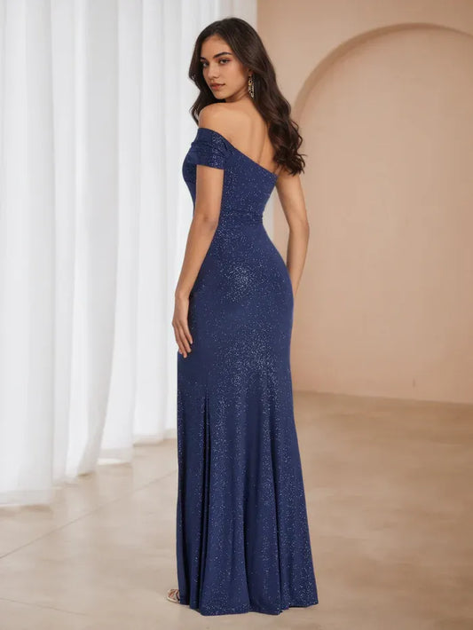 Elegant Navy-Blue Slit A-Line One-Shoulder Classic-Sleeve Classic-Back Floor-Length Prom Dress
