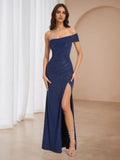 Navy Blue Glitter Prom Dress One - Shoulder Cut Side Slit Accent for Timeless Allure