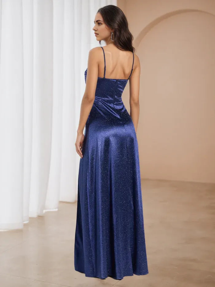 Navy Blue Glitter Prom Dress with Spaghetti Straps High Slit Sparkling Evening Gown for Formal Dances
