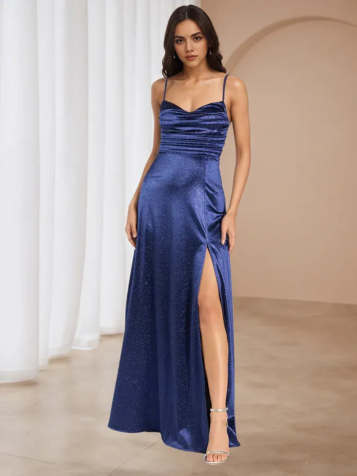 Navy Blue Glitter Prom Dress with Spaghetti Straps High Slit Sparkling Evening Gown for Formal Dances